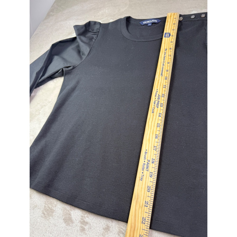 Veronica Beard Black Size Large Fersia Mixed Media Puff Sleeve Ribbed Top Blouse - Picture 12 of 13